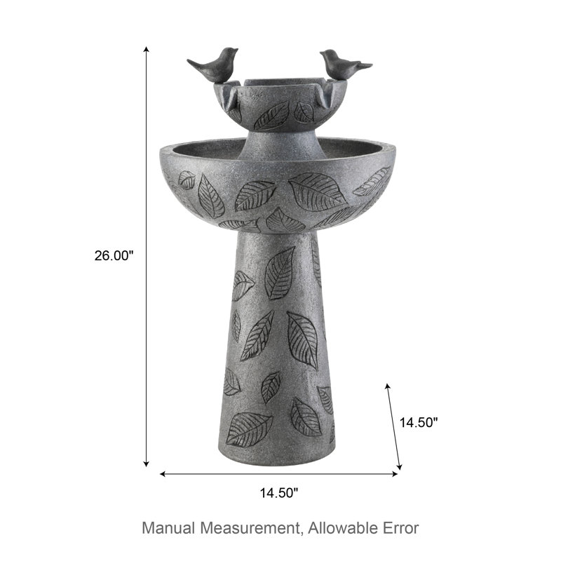 26"H 2-Tiered Birdbath Polyresin Outdoor Fountain with Birds, Pump and LED Light (KD)