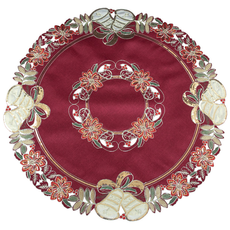 Décoration de table ronde de 86 cm (34 pouces) avec cloches de Noël à paillettes dorées sur fond rouge