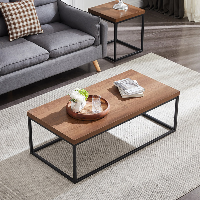 Table basse de 47 pouces en noyer foncé pour salon, centre industriel moderne, rectangulaire en bois et métal avec plateau très épais (brun foncé)