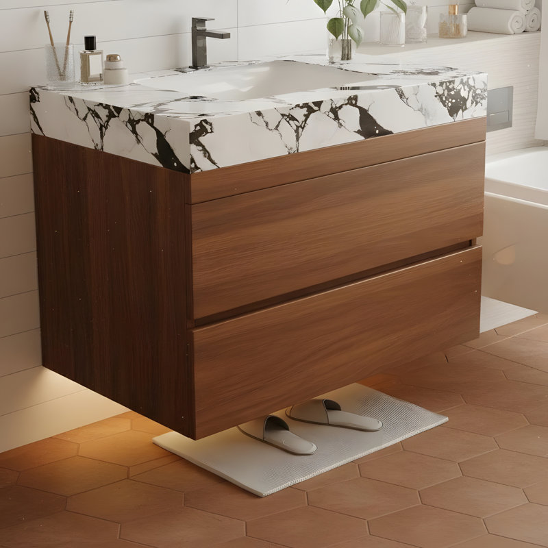 Meuble-lavabo de salle de bain avec comptoir en faux marbre et lavabo encastré en céramique, Blanc/Noir