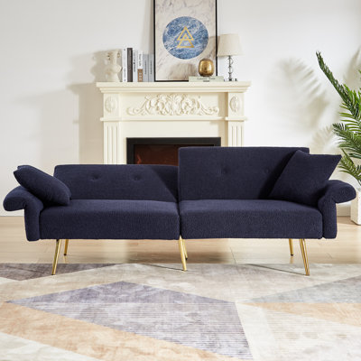 Modern, Adjustable, 3 - Seat, Upholstered, Sleeper Bed, Foldable Armrest, Golden Metal Legs, Side Pocket, Rv Dark Blue Fabric Futon With Adjustable , Armrest And Pocket For Compact Living Areas