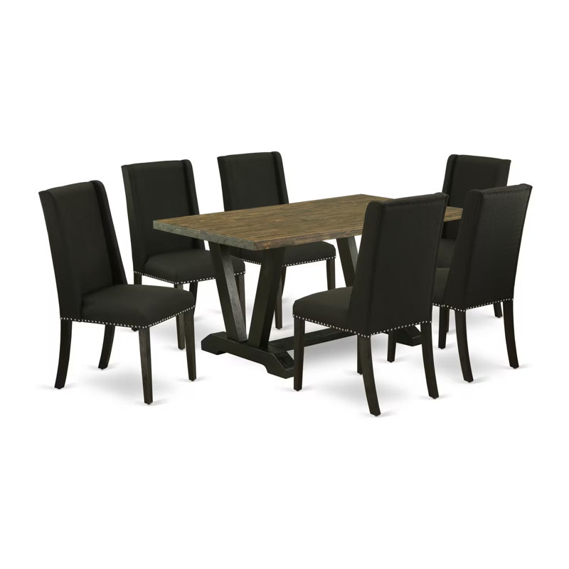 Ensemble de table de cuisine 7 pièces comprenant une table à manger rectangulaire avec pieds en V et 6 chaises de salle à manger Parson en tissu lin noir, 91 x 152 cm (36 x 60 pouces).