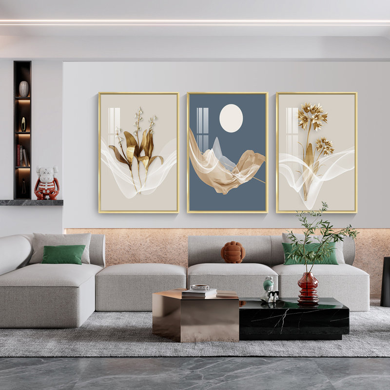 Luxueux aluminium encadré, ensemble de 3 reproductions d'art encadrées sur toile, H 48,3 po x l 24,3 po x P 1,65 po, Or