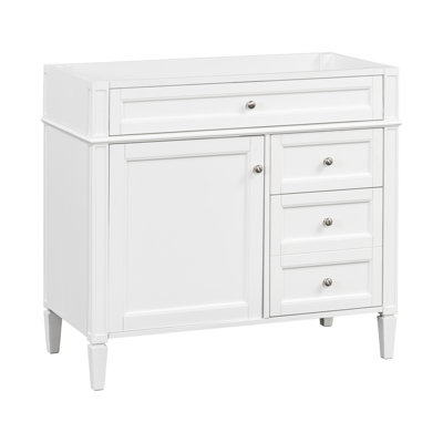 Meuble-lavabo moderne, structure en bois massif de 36 po. 2 tiroirs et tiroir coulissant. Finition blanche, rehausse l'armoire décorative, bois. Rangement des tiroirs. Style, blanc, correspond au thème