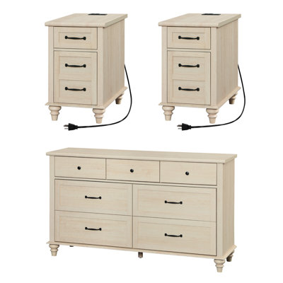 Scarlett 3 Piece Bedroom Set - Includes Mid Century 7 Drawer Dresser, Set Of 2 Side Tables With Charging Station & Storage Cabinet, 3 Piece Dresser An by Sand & Stable