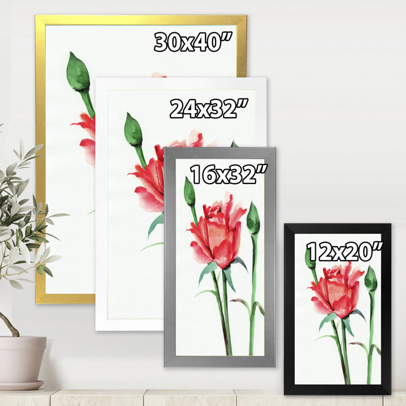 «Red Rose With Buds», reproduction sur toile, H 20 po x l 12 po x P 1,5 po, Toile blanche encadrée