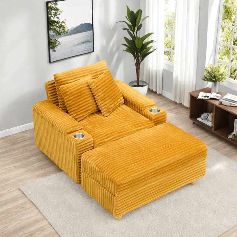 Corduroy Single Sofa With One Pillow, Two Throw Pillows, A Footstool And Two Storage Spaces., Orange