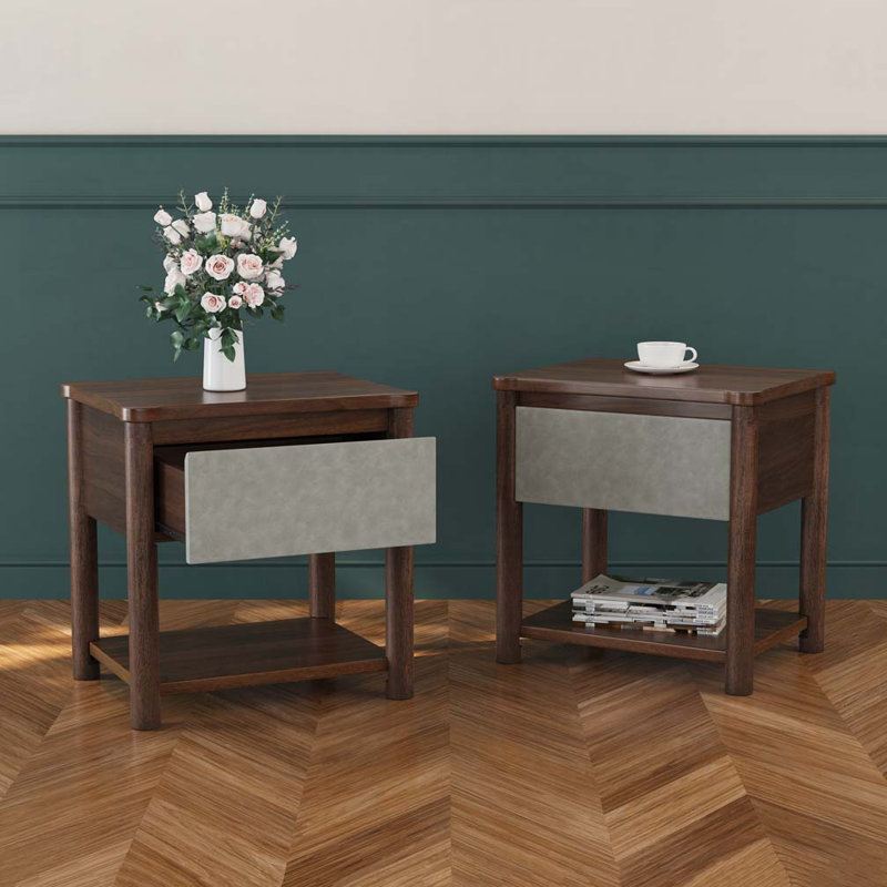 Table de chevet en bois Farmhouse, Gris clair / noyer