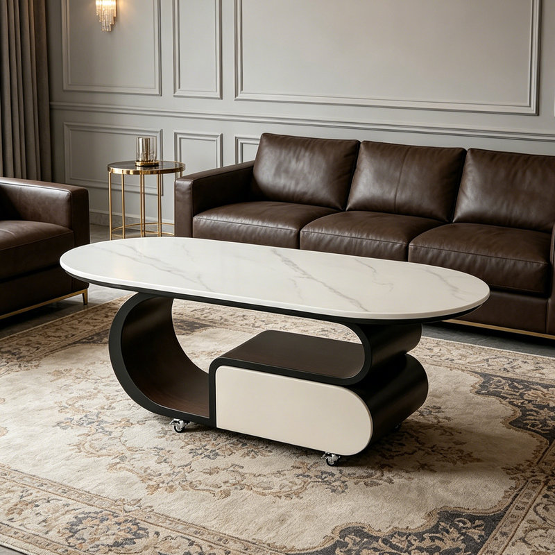 Modern Light Luxury Cream Coffee Table, White/Gray, 17.71" H x 51.18" L x 27.55" W, Black/White