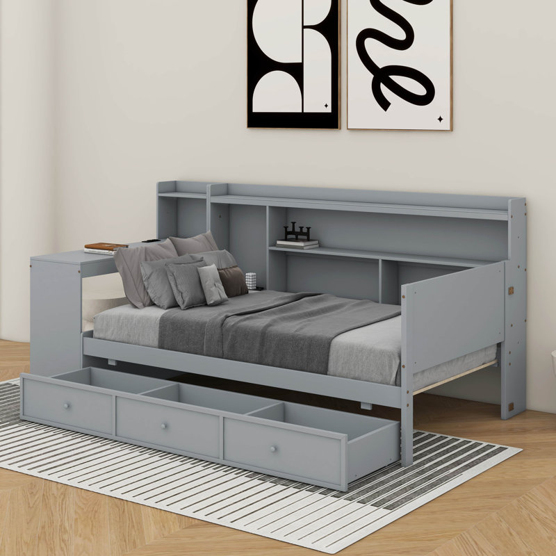 Lit de jour simple en bois avec tiroirs et bureau, Gris
