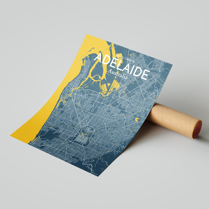 Adelaide City Map, impression, H 20 po x l 16 po, Bleu / jaune