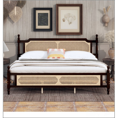 Lit en bois de pin avec tête et pied de lit en rotin, plateforme de lit central amélioré pour un soutien supérieur, espresso