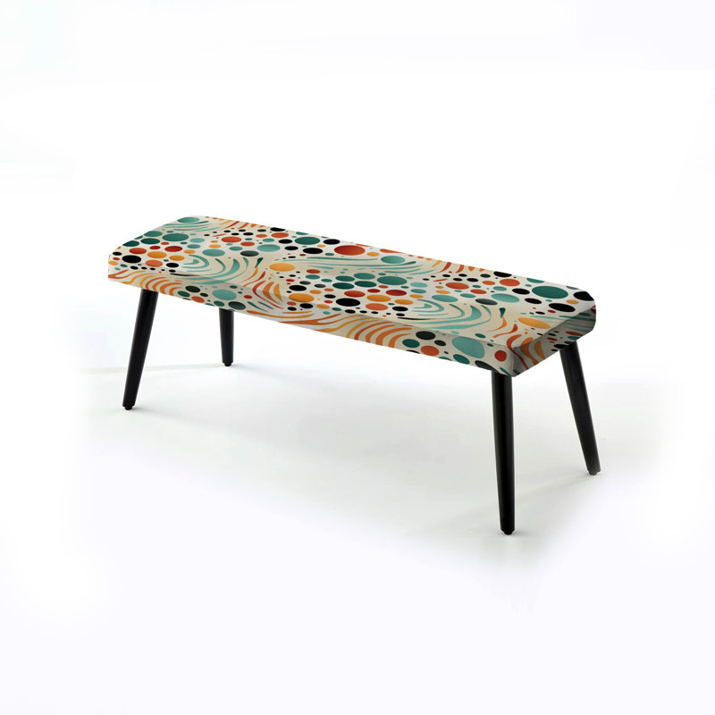 Multicolor Mid Century Pattern On Beige - Midcentury Upholstered Black Bench