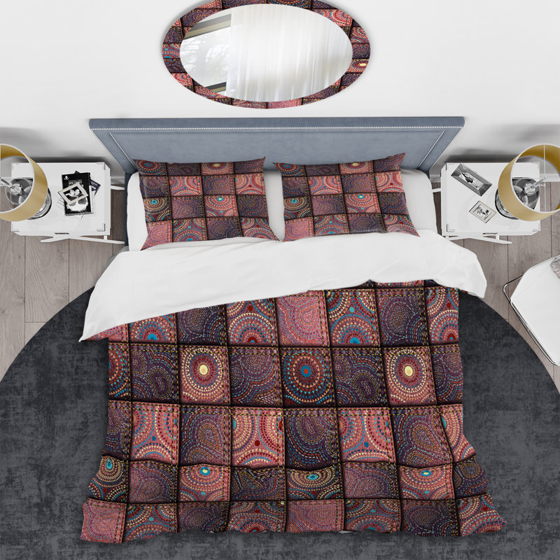 Brown Indian Patchwork Polyester Patchwork Duvet Cover, King Duvet Cover + 2 King Shams