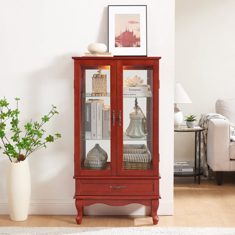 Vitrine lumineuse en verre avec tablettes réglables, deux portes et un tiroir pour une décoration polyvalente et un rangement efficace