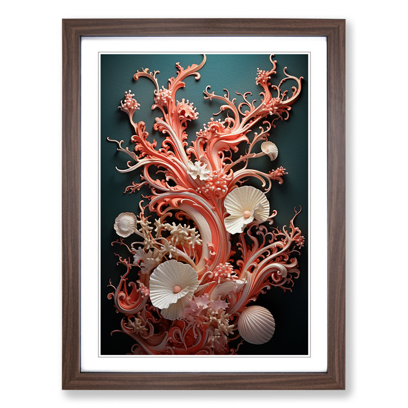 Coral Baroque - Single Picture Frame Print on Wood, 64cm H x 46cm W x 2cm D, Walnut Framed