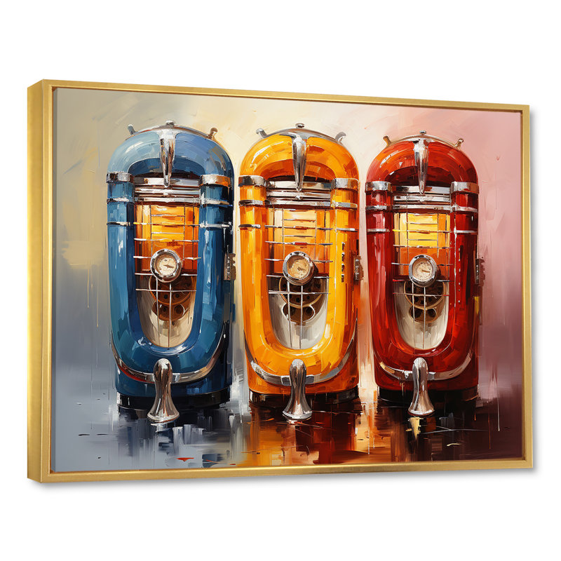 Coloful Modern Jukebox Jams 1 - Jukeboxes, art mural, Cadre flottant doré, H 34 po x l 44 po x P 1,5 po