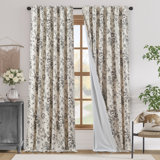 Linen Blackout Peony Flower Printed Rod Pocket Curtain Pair