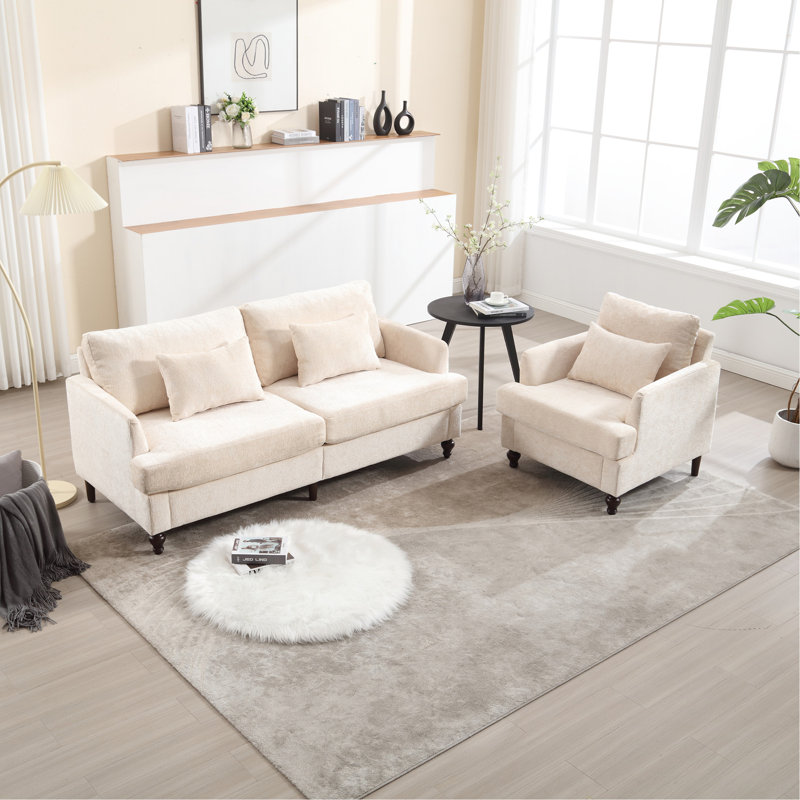 Canapé en chenille de style Mid-Century moderne en tissu, canapé 2 places rembourré avec canapé moderne pour le salon, canapé avec pieds en bois brun pour la chambre à coucher, chenille beige