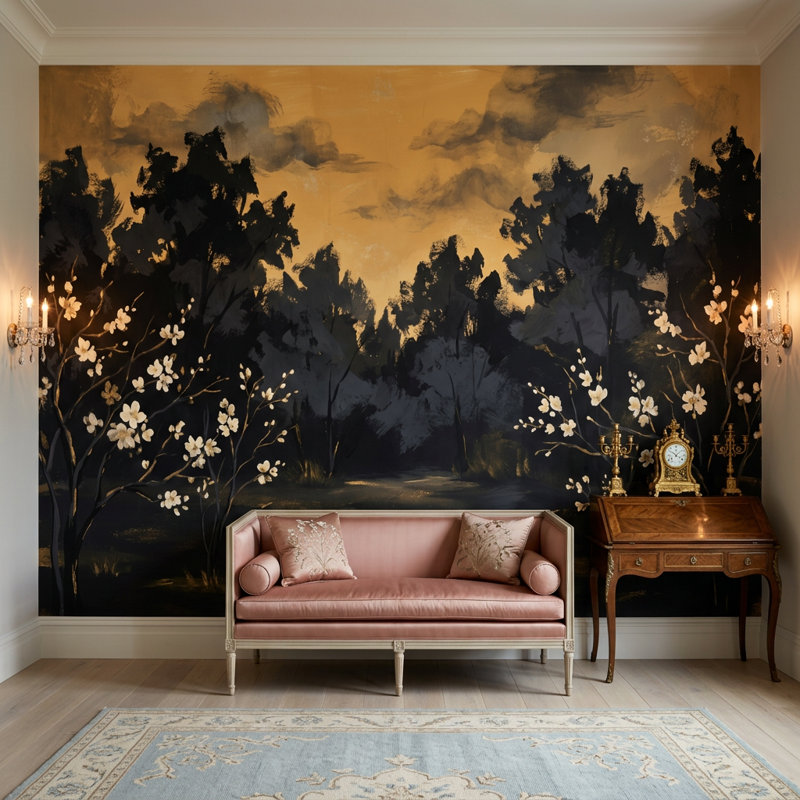 Papier peint paysage de forêt foncée foncé, silhouette de ciel doré, décoration murale amovible, 100 po x 96 po