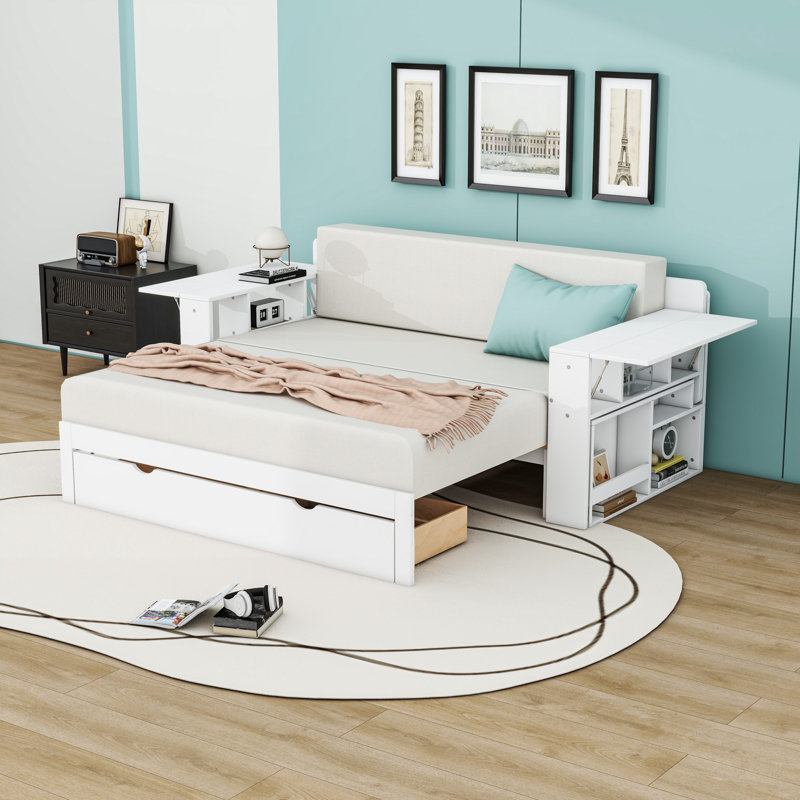 Lit de jour convertible en bois avec bureau intégré, tiroirs et accoudoirs extensibles, Complet/Double, Blanc