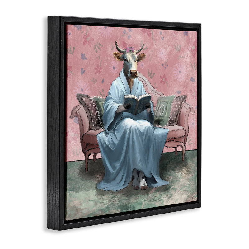 Vache lisant le soir, livre encadré sur toile flottante par Elizabeth Medley, Cadre flottant noir de jais, H 18 po x l 18 po