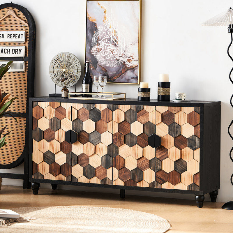 Buffet/buffet fonctionnel en bois d'ingénierie, aspect nid d'abeille vieilli, 4 pieds en pin, montage rapide, rangement pour chambre avec motif, bois dur, porte en bois massif, sangle anti-basculement, stable
