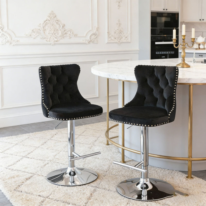 Tabourets de bar pivotants en velours, Noir et argent