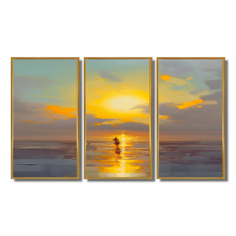 Shanell - Ensemble d'art mural coucher de soleil, Cadre flottant doré, H 32 po x l 48 po x P 1 po