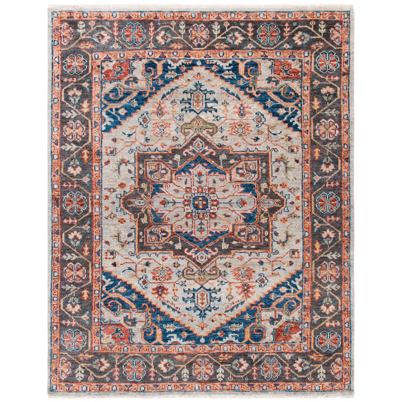 Tapis oriental en laine / coton oriental noué à la main bleu marine / gris / orange, Rectangle 8 pi x 10 pi