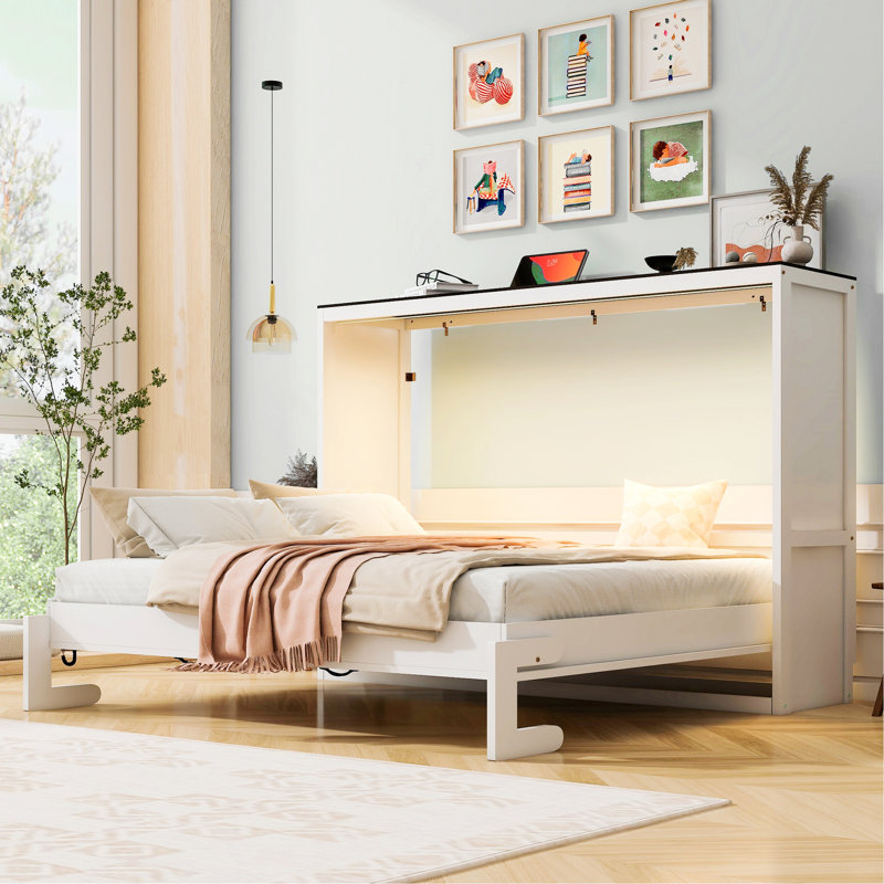 Lit escamotable avec éclairage DEL, cadre de lit moderne pour chambre à coucher, Double, Blanc