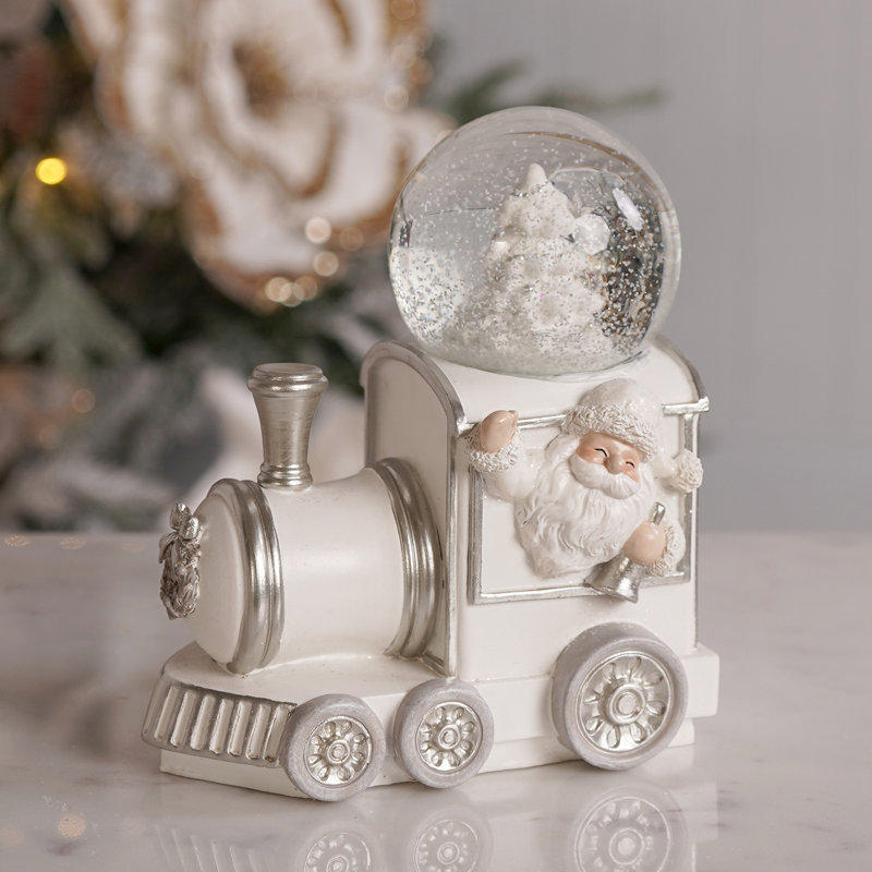 Resin Silver Sparkle Train with Santa and Snow Globe