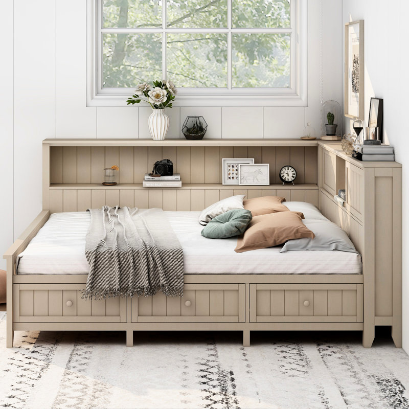 Antique White Milk Daybed With Storage Options And 3 Drawers, Strong Wood Framework For Durability Full Size 3 Configuration, Finish, Solid Construction Stability