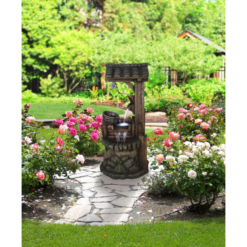 Outdoor Tiered Water Well Garden Fountain with LED Lights, 50", Brown