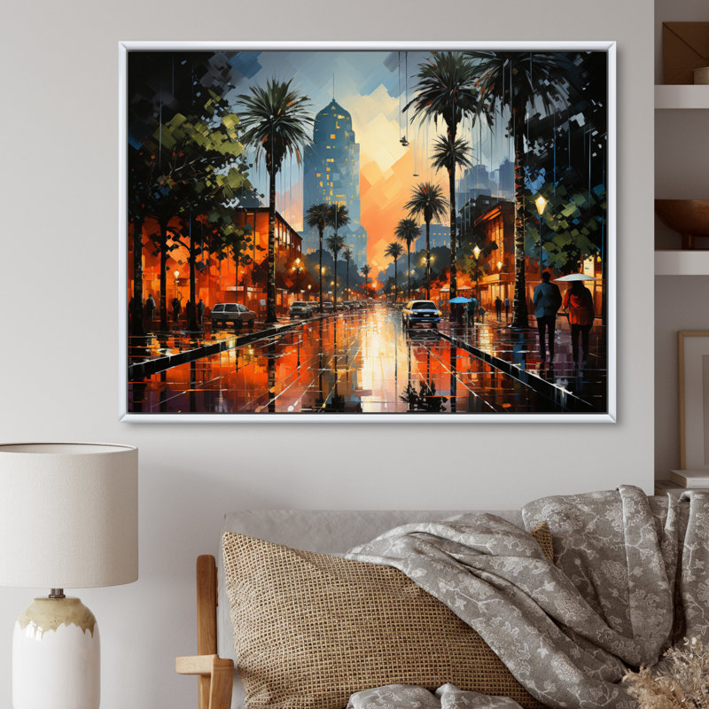 «Palm Trees Urban Miami I», reproduction sur toile, H 12 po x l 20 po x P 1 po, Cadre flottant blanc