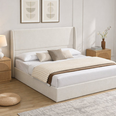 Lit tapissier à tête de lit haute, structure de lit très grand moderne, support à 12 lattes, beige, toile de chenille, aucun sommier requis