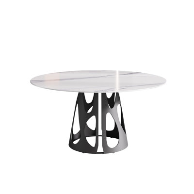 60.74" Round Dining Table, Sintered Stone In White, With Solid Black Iron Base, For 6 - 8 People 29.34"h X 60.74"w & Iron, People, Modern Glamour