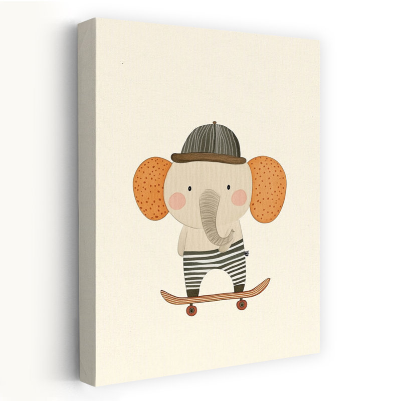 Cute Elephant Skater Playful Whimsical Contemporary Elephant Wall Art Print by Mathieu - Wrapped Canvas Print