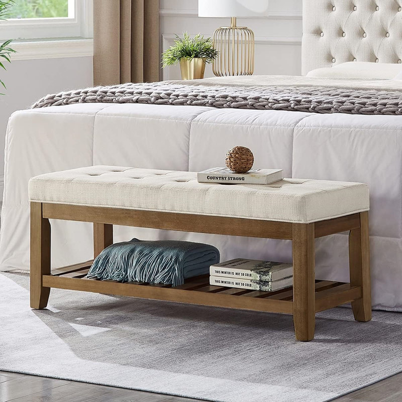 Large Rectangular Upholstered Tufted Linen Ottoman Bench, Padded Bench With Solid Wood Shelf-Ivory