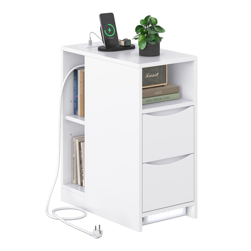 Slim Bedside Table with 2 Drawers, Charging Station and Cabinet Lights with Motion Sensor, Narrow Bedside Cabinet with Open Compartment, 25cm W Bedside Table