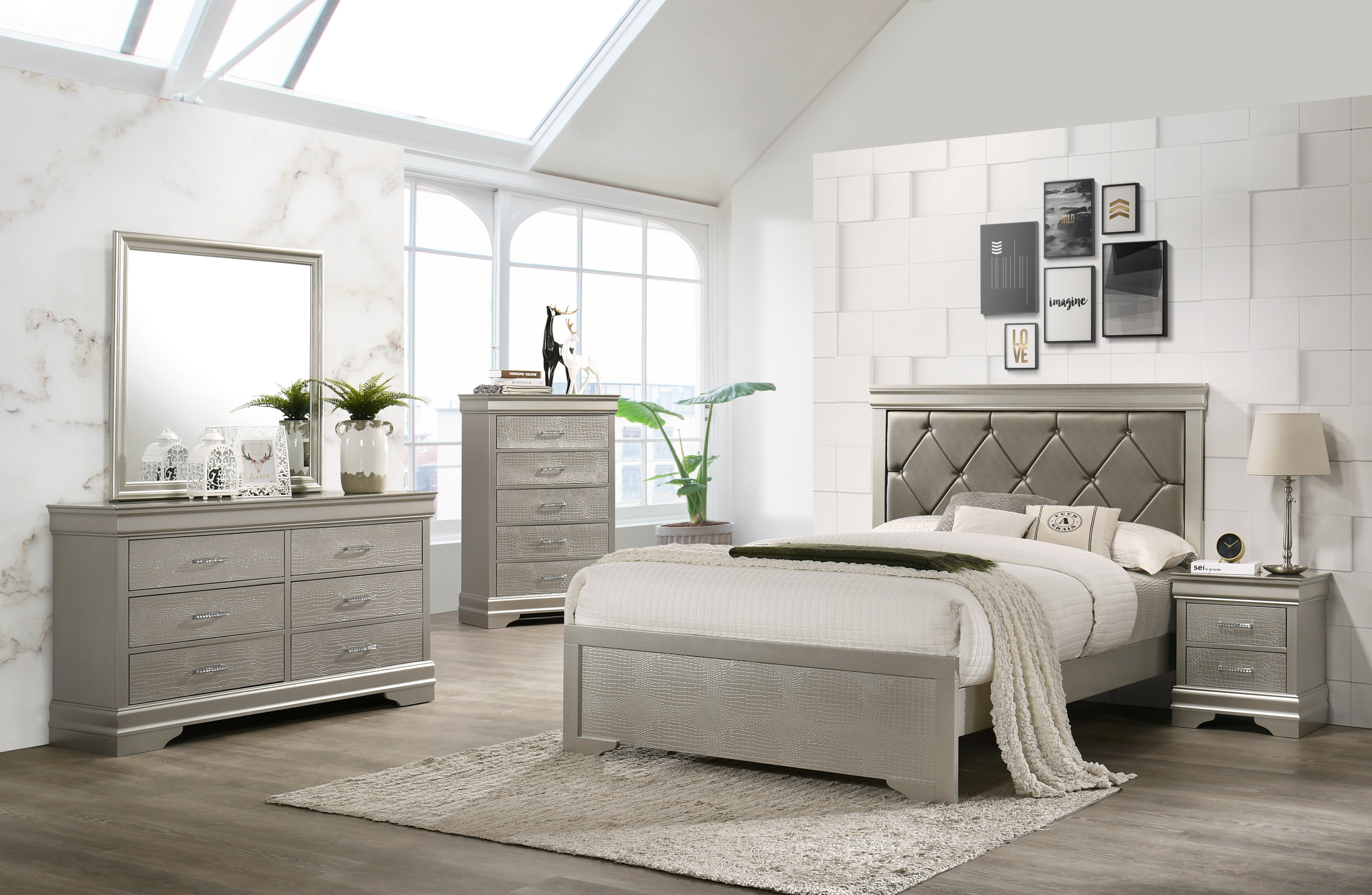 5 Piece Queen Size Bedroom Set, Modern Bedroom Furniture Sets with Queen  Bed Frame, Nightstand, Chest, Dresser and Mirror