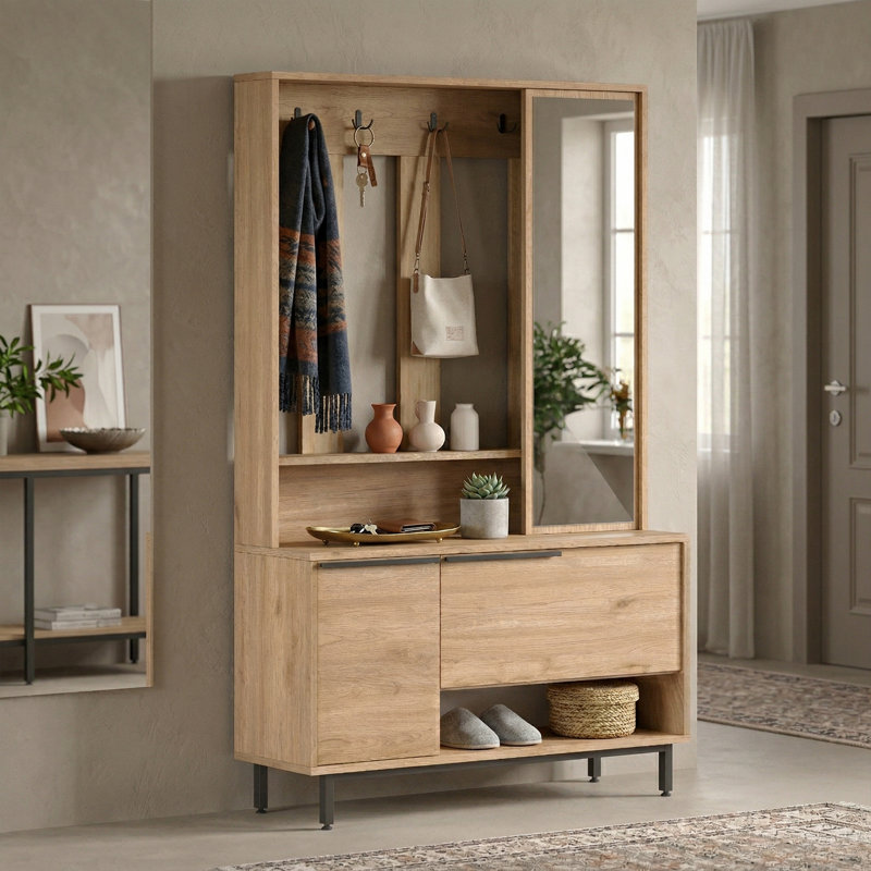 Aurelle Hall Tree 40.2'' Wide With Shoe Storage Cabinets And 10 Hooks