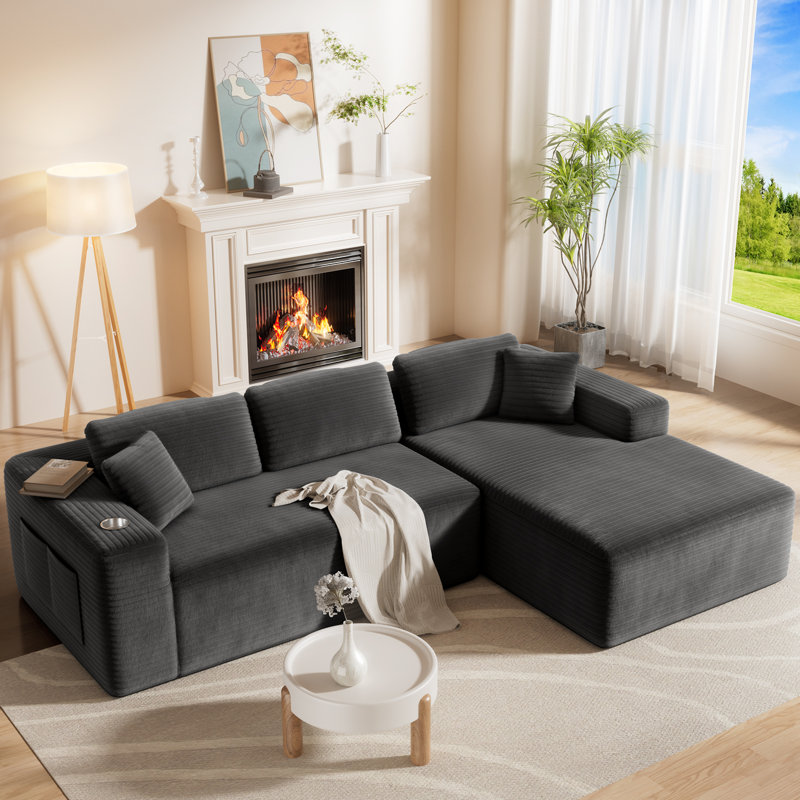 Boneless 108" Cloud Modular Sectional Sofa With Chaise, Deep Seat Corduroy Boneless Couches With 4 Storage Pockets & Tray