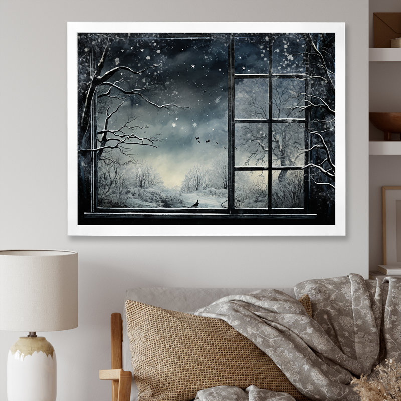 «Midnight Gothic Winter Window View II - Winter Landscape», art mural, Cadre de coin blanc fermé, H 24 po x l 32 po x P 1 po