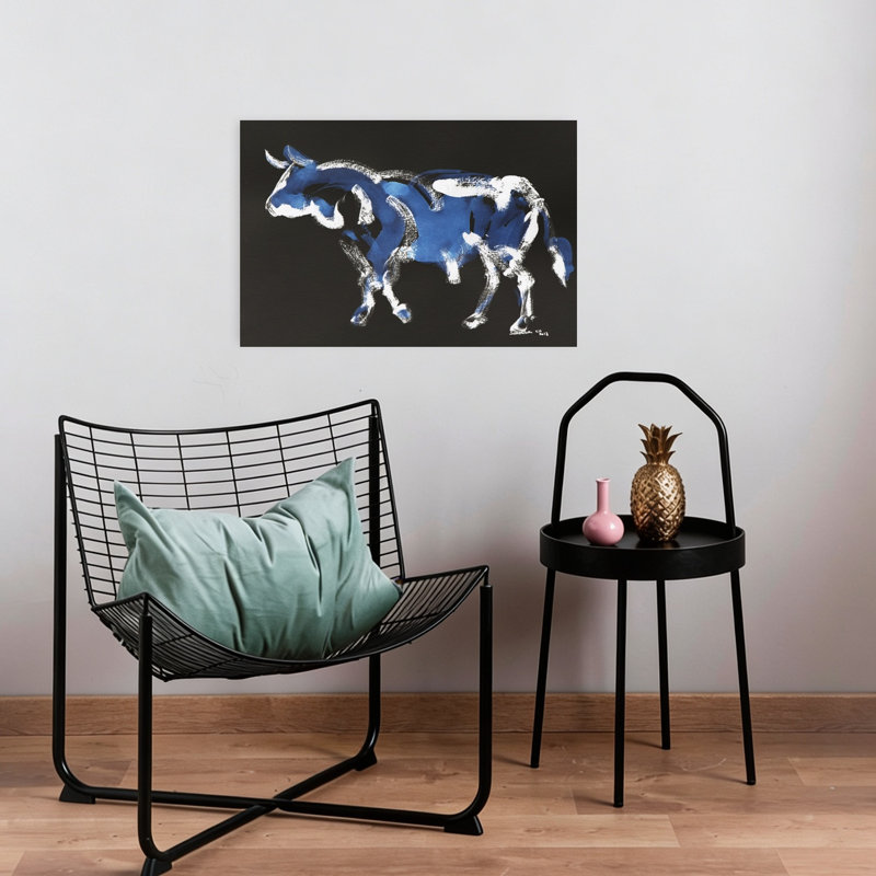Abstrait taureau bleu abstrait et expressionniste contemporain, 16" H x 24" W