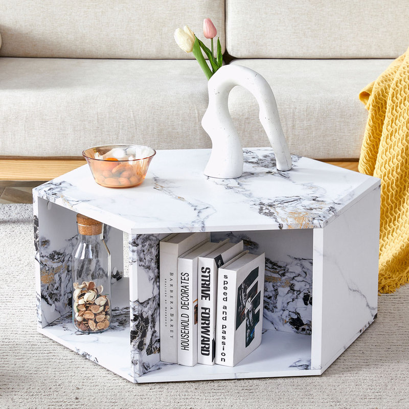 Stylish Hexagonal Coffee Table With Characteristic Pattern Stickers And Multi-Hole Design, Wood, White