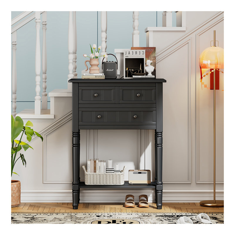 Console étroite, canapé mince avec trois tiroirs de rangement et tablette inférieure (noir), Noir