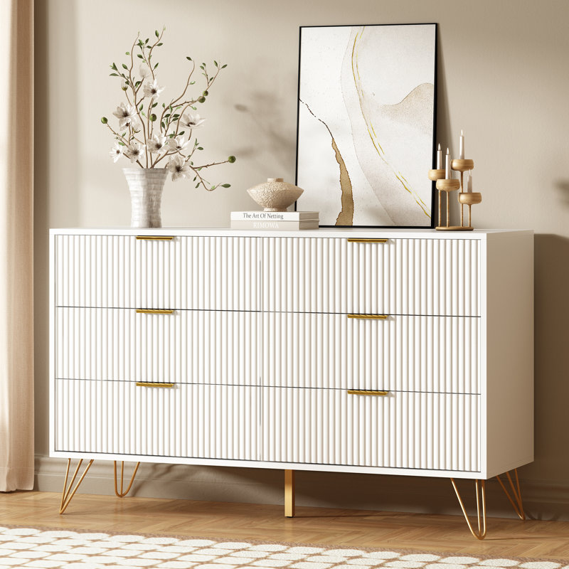 Commode à 6 tiroirs cannelée en bois l 47,2 po avec poignées et pieds en métal, Blanc