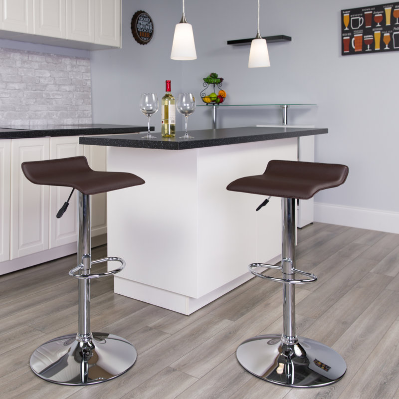 Murphy Vinyl Adjustable Height Barstool with Solid Wave Seat and Chrome Base, Brown