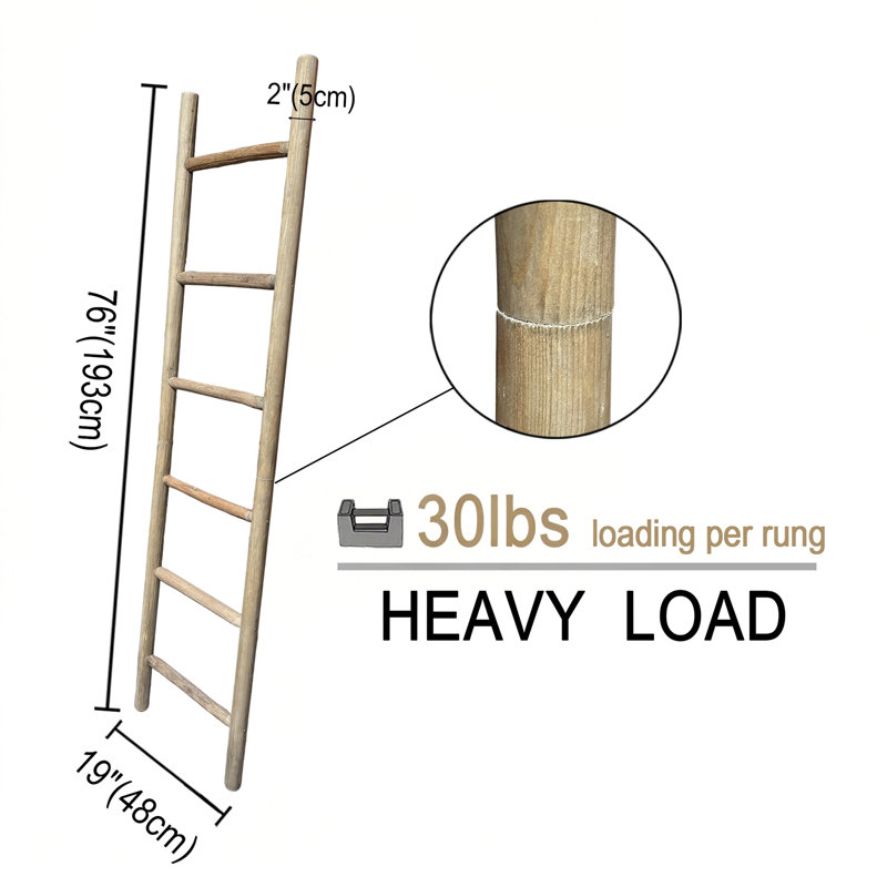 76 Inch 6-Tier Solid Wood Blanket Ladder Natural Handcrafted Towel Ladder for Bathroom, Living Room, Bedroom